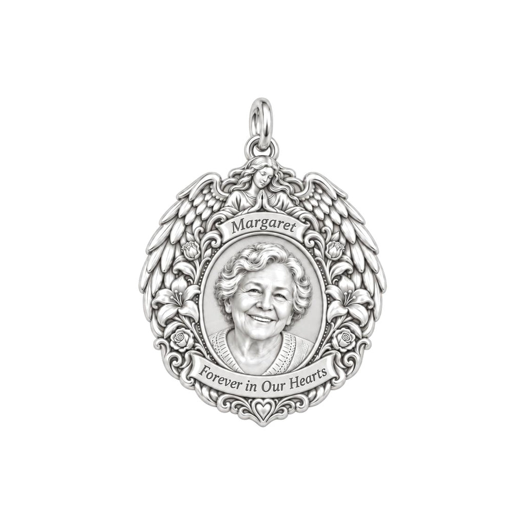 Guardian Angel Wings Charm Bracelet – Personalized Memorial Gift – silver plated 2 cm charm, front view