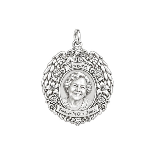 Guardian Angel Wings Charm Bracelet – Personalized Memorial Gift – silver plated 2 cm charm, front view