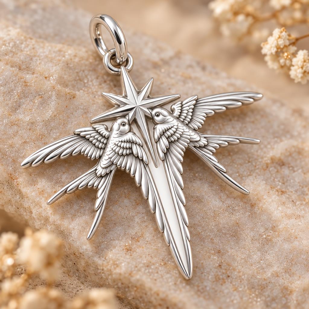 Guiding North Star Swallows Charm Bracelet – Personalized Couple Gift – macro detail of the charm
