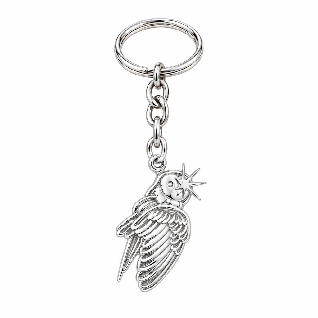 Guiding Star Angel Wing Charm Keychain – silver, front view