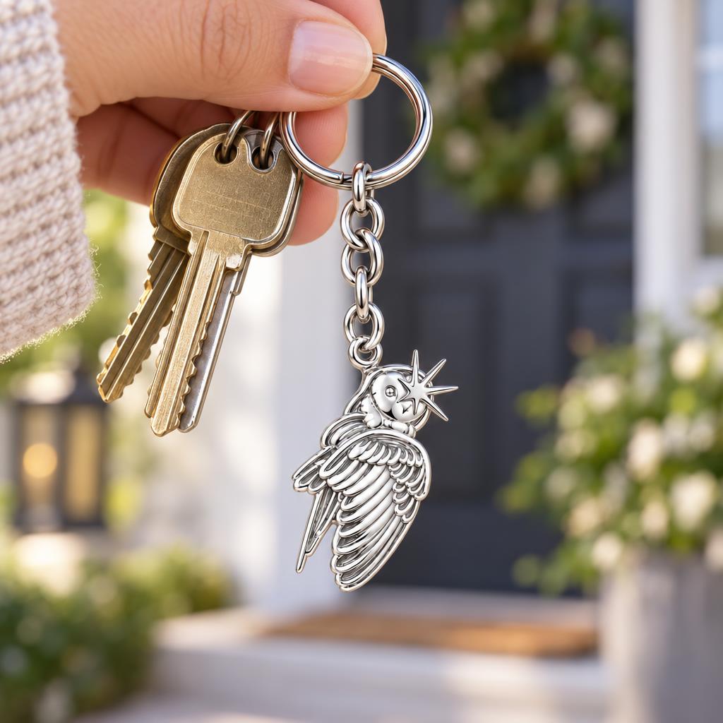 Guiding Star Angel Wing Charm Keychain – worn / in use