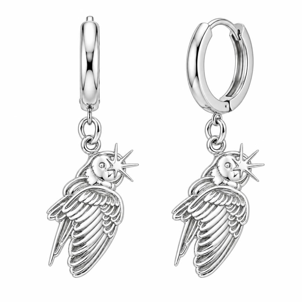 Guiding Star Angel Wing Huggie Charm Earrings – silver, front view