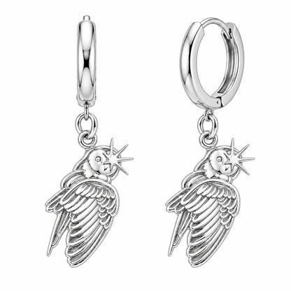 Guiding Star Angel Wing Huggie Charm Earrings – silver, front view
