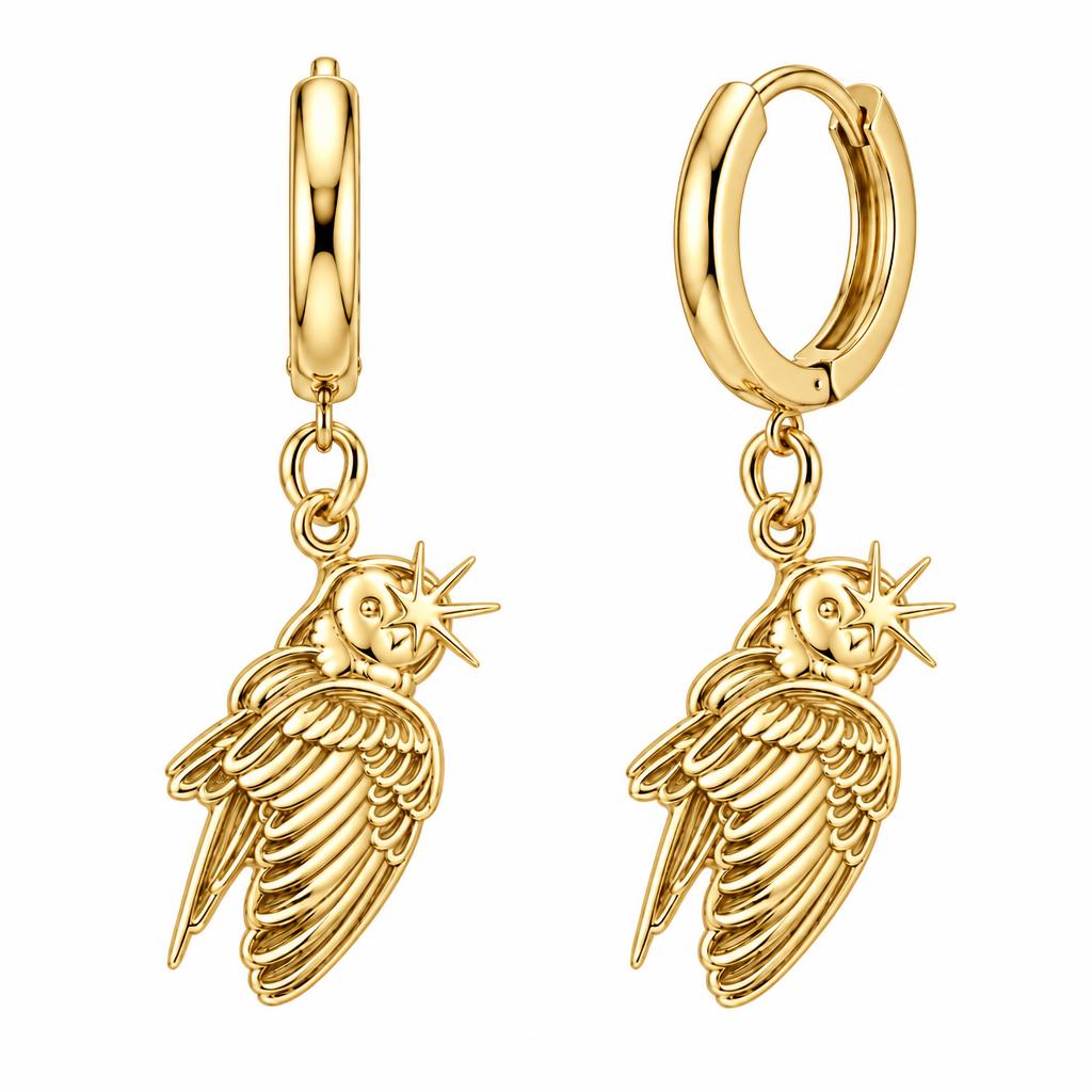 Guiding Star Angel Wing Huggie Charm Earrings – 18K gold, front view
