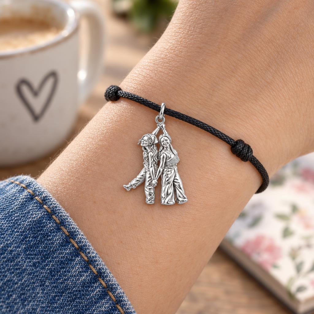 Hand in Hand Friendship Charm Bracelet – Personalized Bestie Gift – worn on the wrist on a black cord bracelet