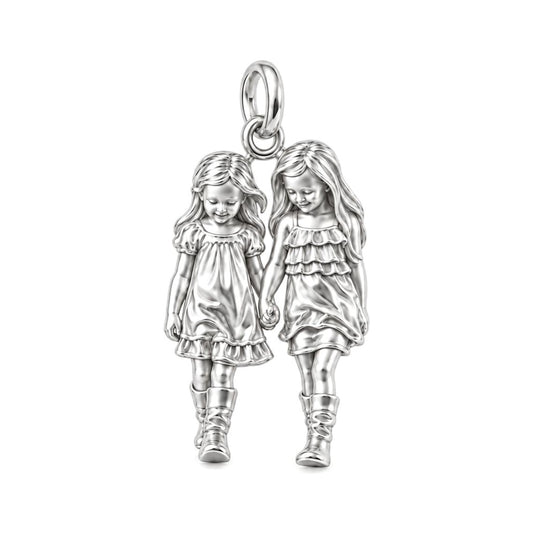 Hand in Hand Sisters Charm Bracelet – Personalized Mom Gift – silver charm, front view