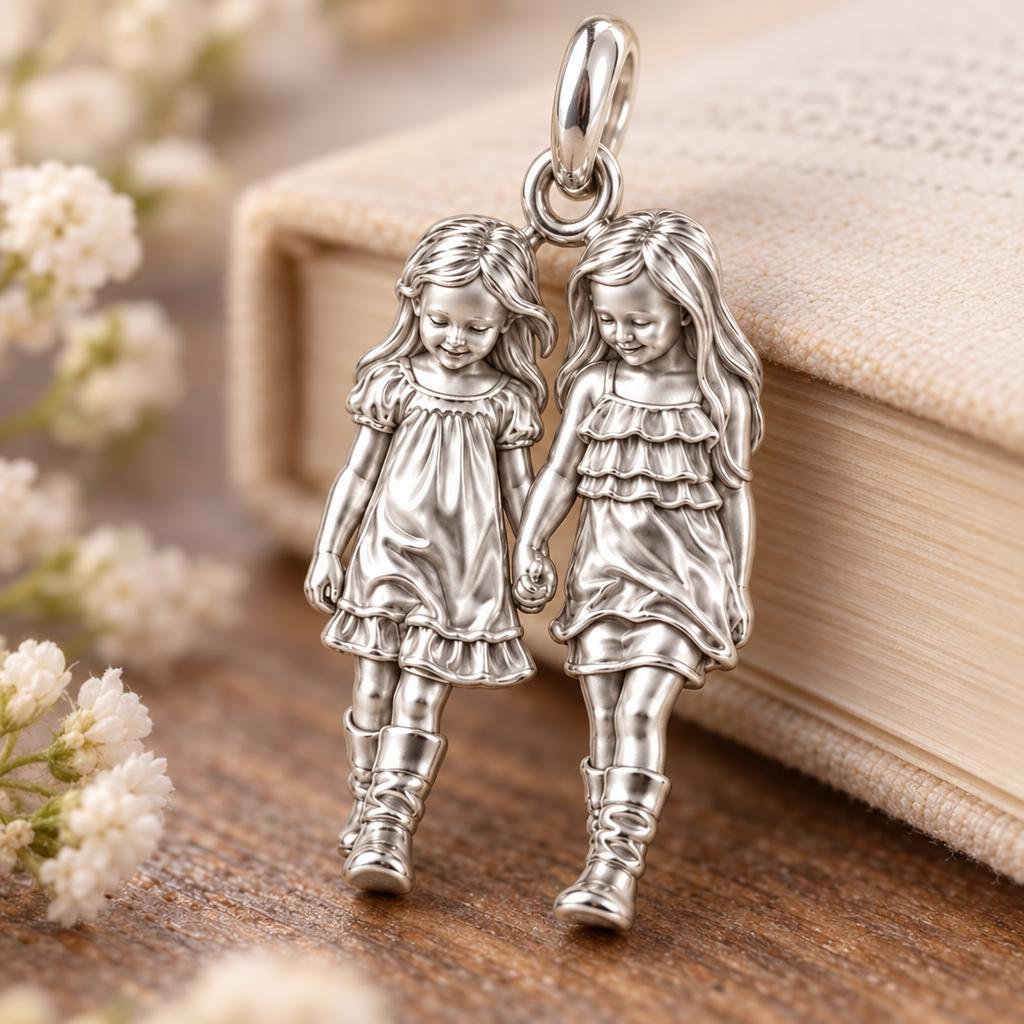 Hand in Hand Sisters Charm Bracelet – Personalized Mom Gift – macro detail of the charm