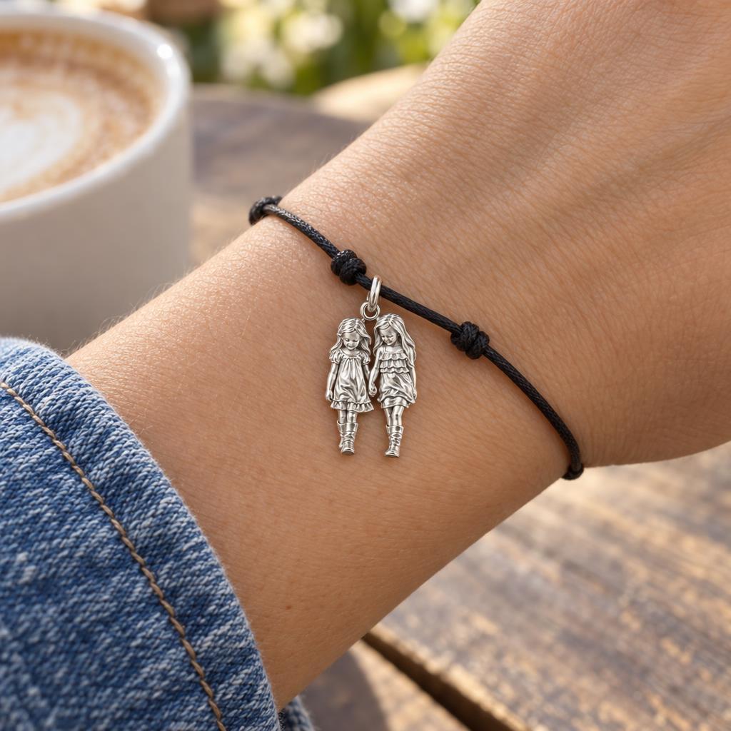 Hand in Hand Sisters Charm Bracelet – Personalized Mom Gift – worn on the wrist on a black cord bracelet