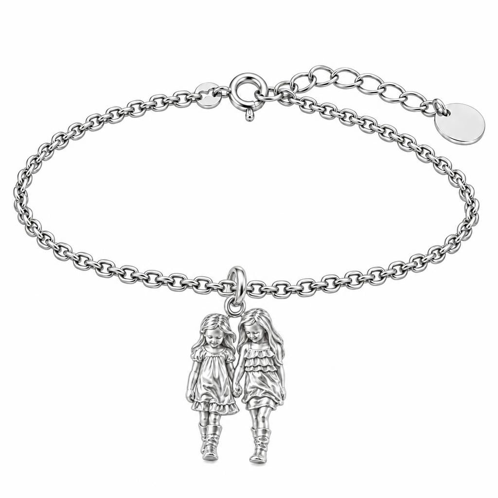 Hand in Hand Sisters Charm Bracelet Set – silver, front view