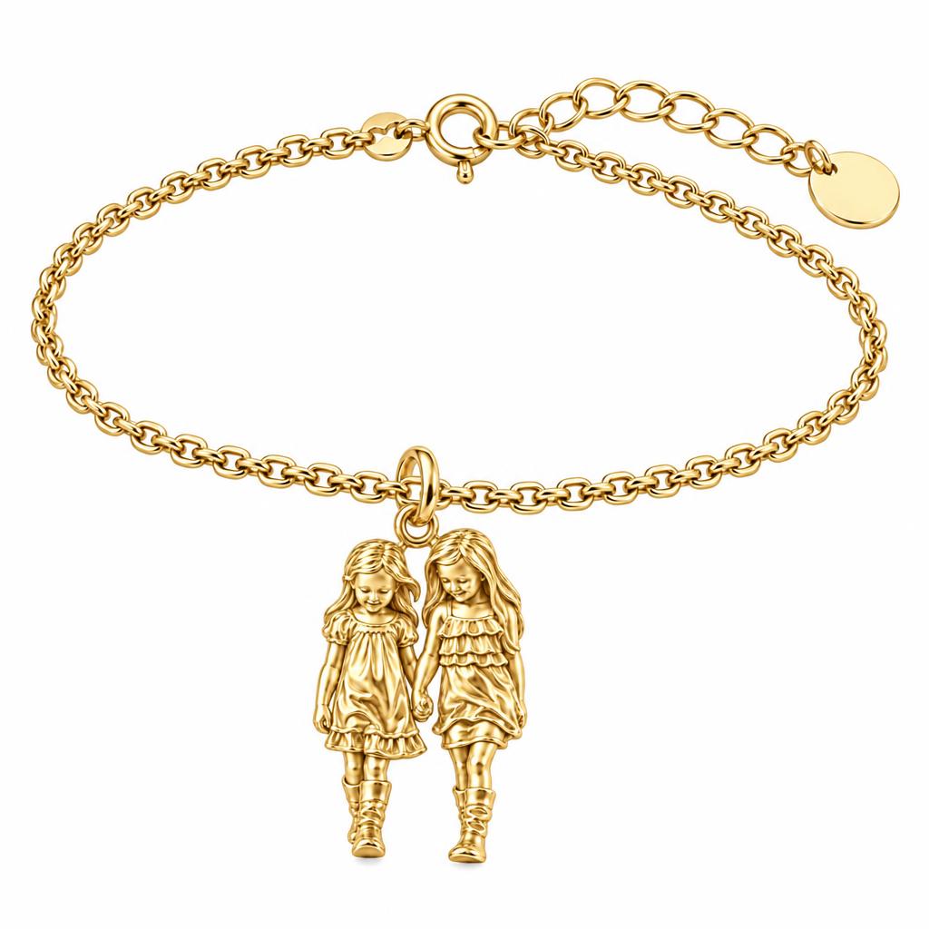 Hand in Hand Sisters Charm Bracelet Set – 18K gold, front view
