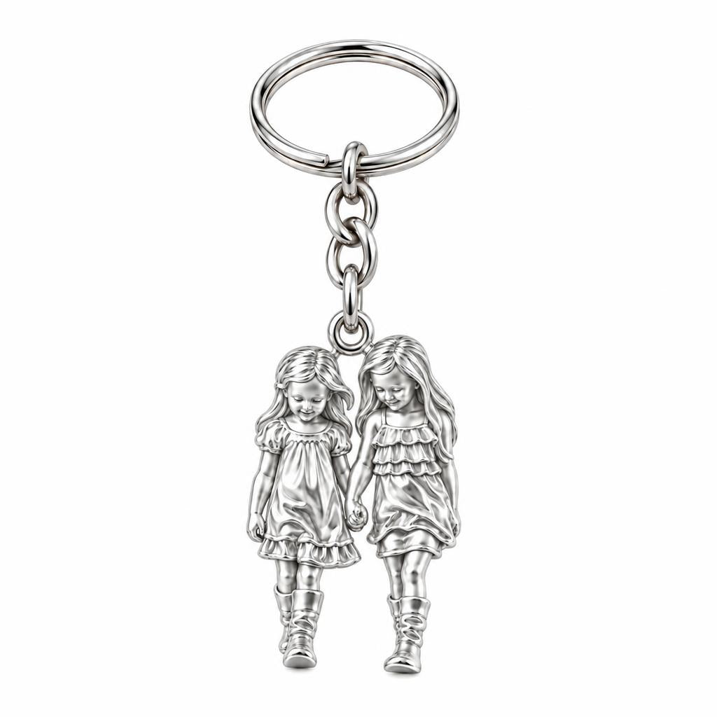 Hand in Hand Sisters Charm Keychain – silver, front view
