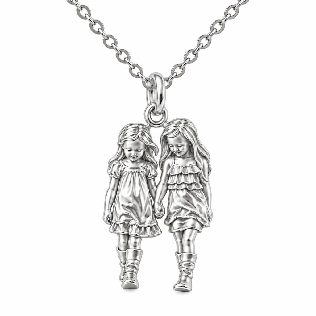 Hand in Hand Sisters Charm Necklace Set – silver, front view