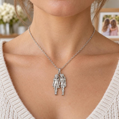 Hand in Hand Sisters Charm Necklace Set – worn / in use