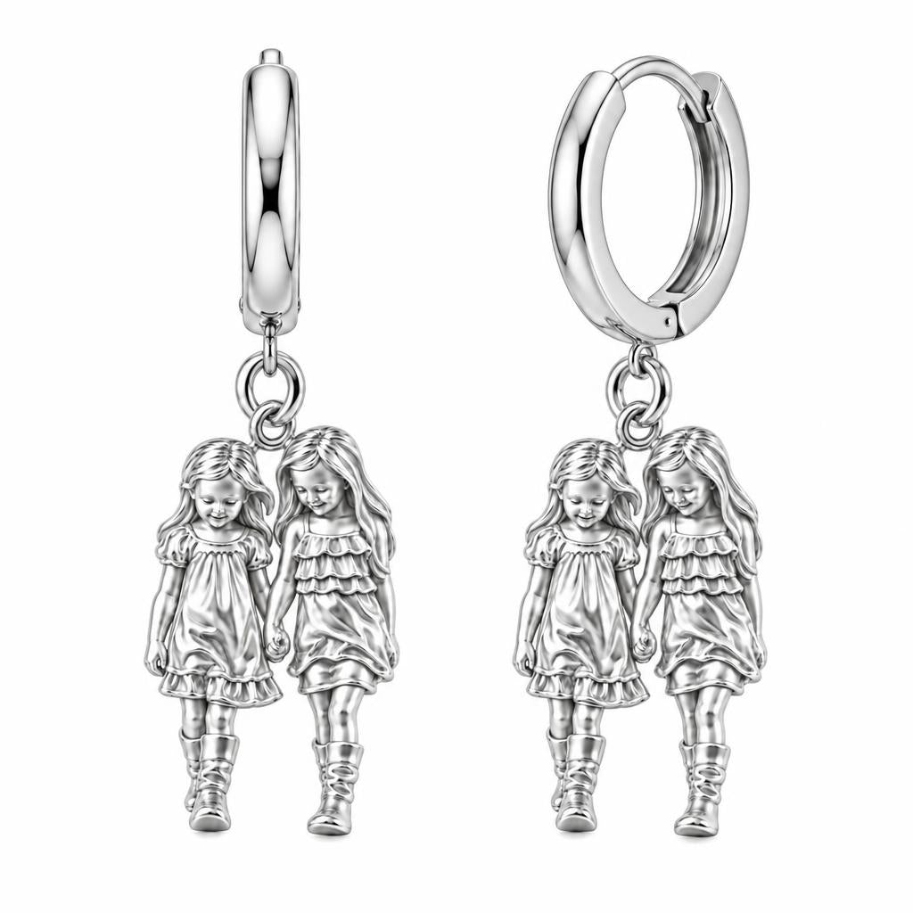 Hand in Hand Sisters Huggie Charm Earrings – silver, front view