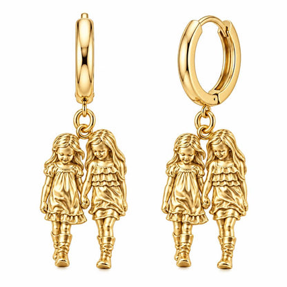 Hand in Hand Sisters Huggie Charm Earrings – 18K gold, front view