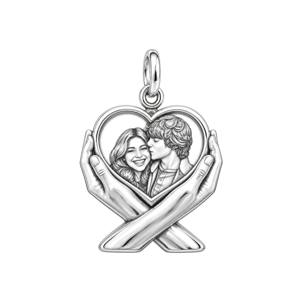 Hands Holding Heart Charm Bracelet – Personalized Couple Gift – silver plated 2 cm charm, front view