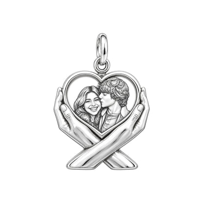 Hands Holding Heart Charm Bracelet – Personalized Couple Gift – silver plated 2 cm charm, front view
