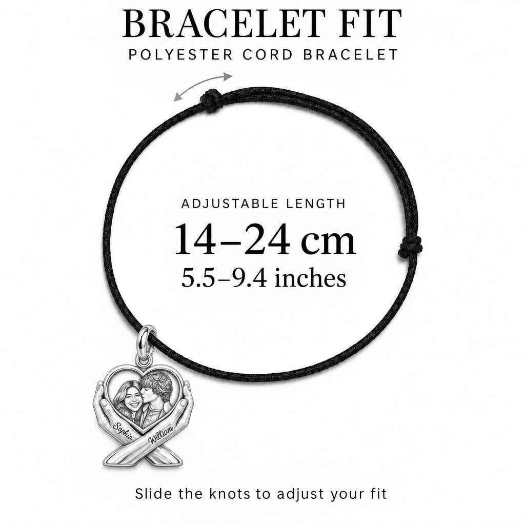Hands Holding Heart Charm Bracelet – Personalized Couple Gift – adjustable black cord bracelet, 14–24 cm