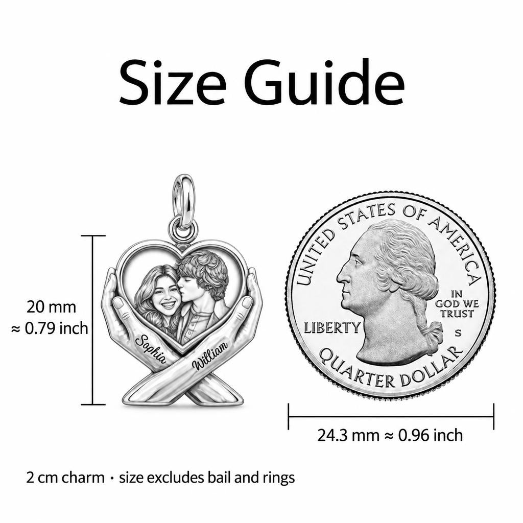 Hands Holding Heart Charm Bracelet – Personalized Couple Gift – size guide, 2 cm charm next to a quarter