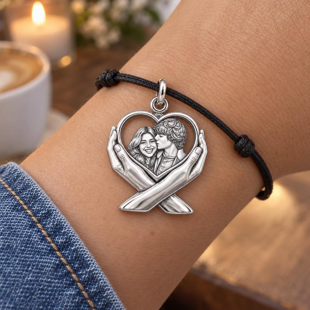Hands Holding Heart Charm Bracelet – Personalized Couple Gift – worn on the wrist on a black cord bracelet