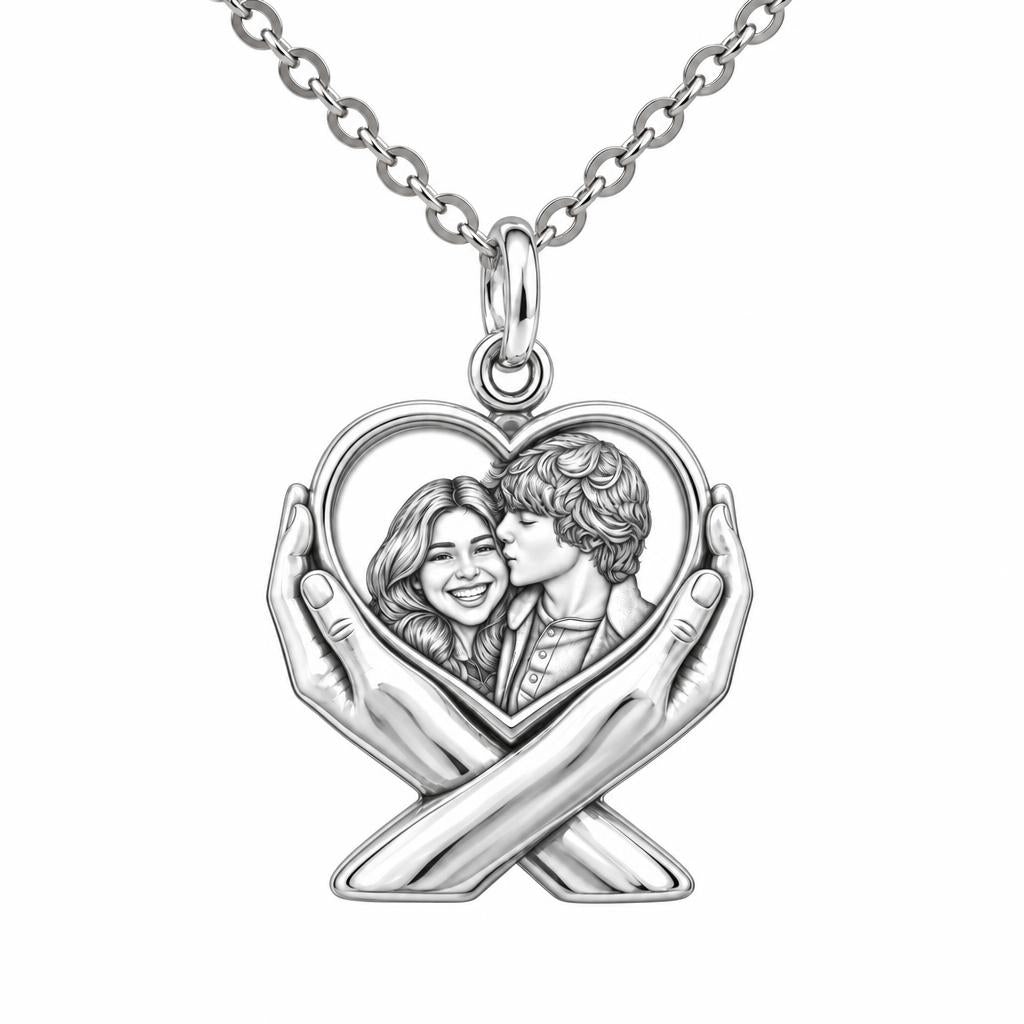 Hands Holding Heart Charm Necklace Set – silver, front view