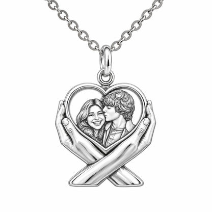 Hands Holding Heart Charm Necklace Set – silver, front view