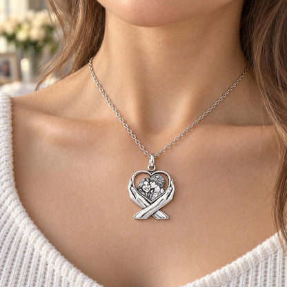 Hands Holding Heart Charm Necklace Set – worn / in use
