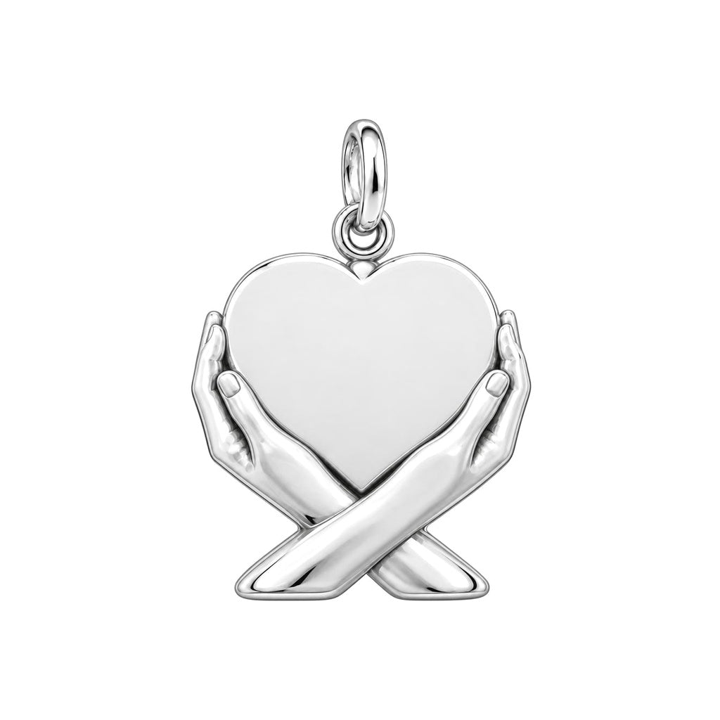 Hands Holding Heart Charm Necklace Set – back of the charm, engraving area
