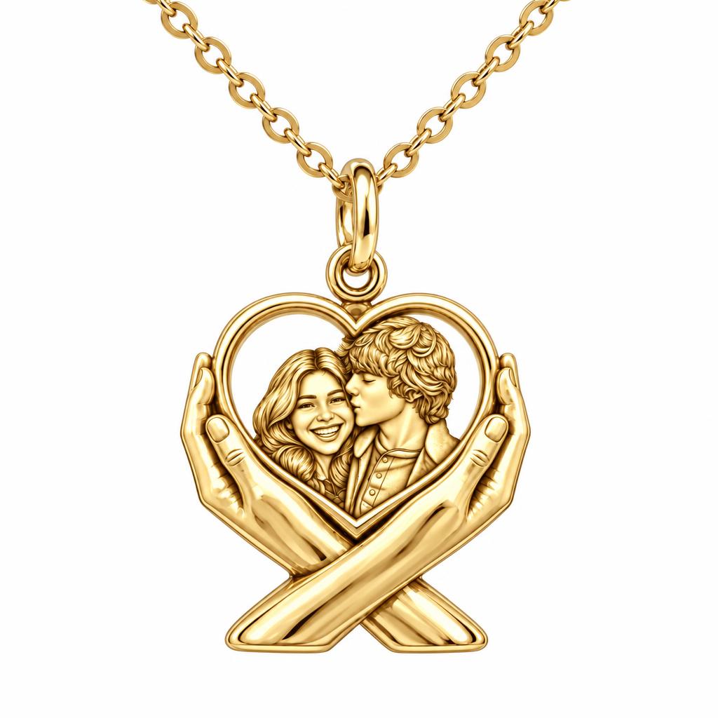Hands Holding Heart Charm Necklace Set – 18K gold, front view