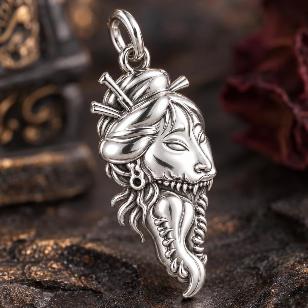 Hannya Spirit Mask Charm Bracelet – Personalized Goth Gift – macro detail of the charm