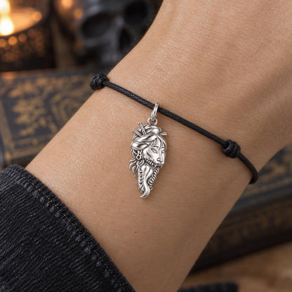Hannya Spirit Mask Charm Bracelet – Personalized Goth Gift – worn on the wrist on a black cord bracelet
