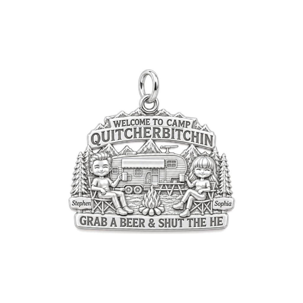 Happy Camper Couple Charm Bracelet – Personalized Couple Gift – silver plated 3 cm charm, front view