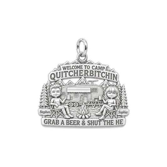 Happy Camper Couple Charm Bracelet – Personalized Couple Gift – silver plated 3 cm charm, front view