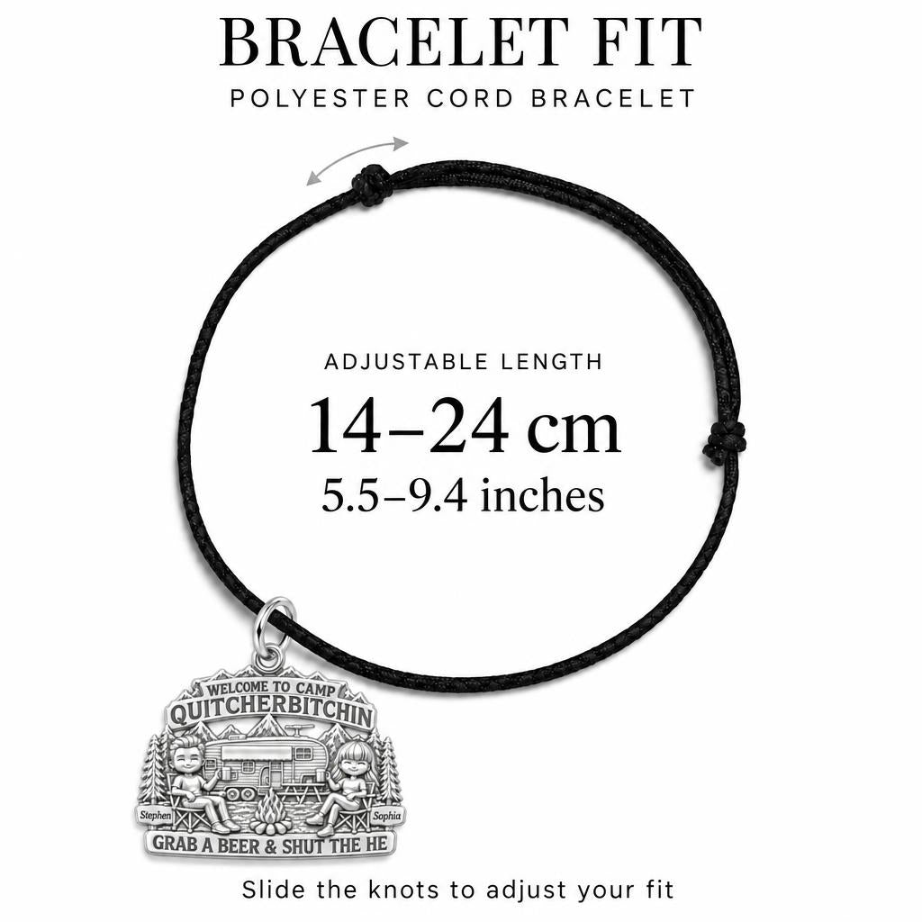 Happy Camper Couple Charm Bracelet – Personalized Couple Gift – adjustable black cord bracelet, 14–24 cm