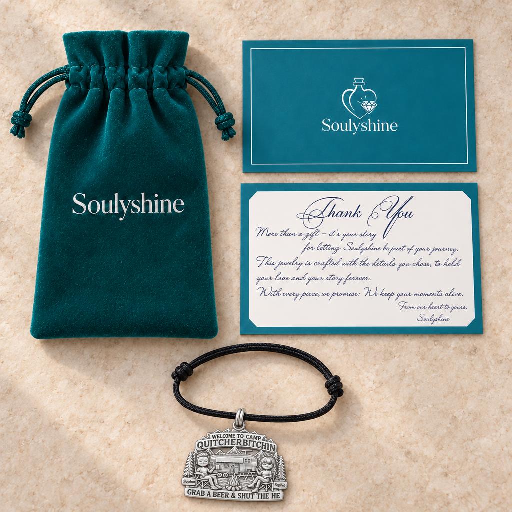 Happy Camper Couple Charm Bracelet – Personalized Couple Gift – Soulyshine velvet pouch and gift card