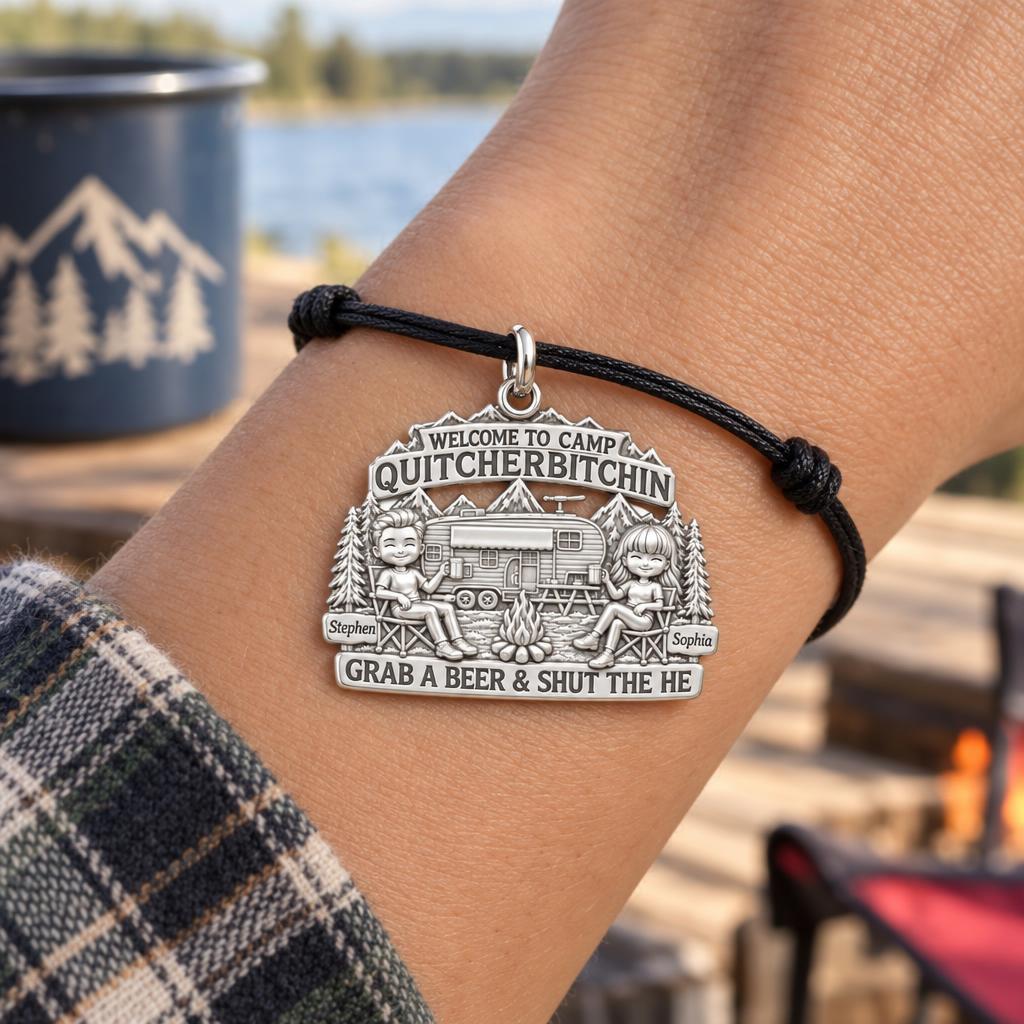 Happy Camper Couple Charm Bracelet – Personalized Couple Gift – worn on the wrist on a black cord bracelet