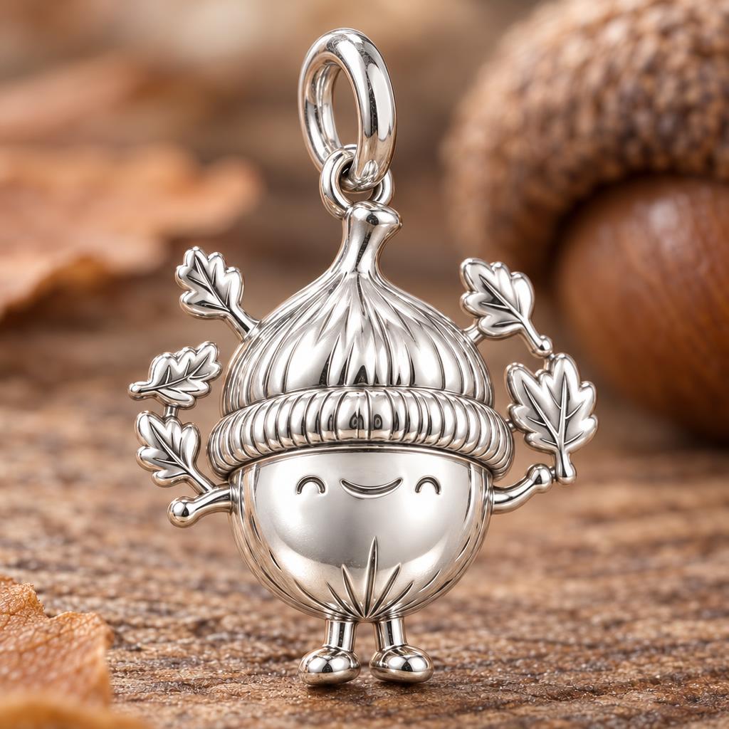 Happy Little Acorn Charm Bracelet – Personalized Nature Gift – macro detail of the charm