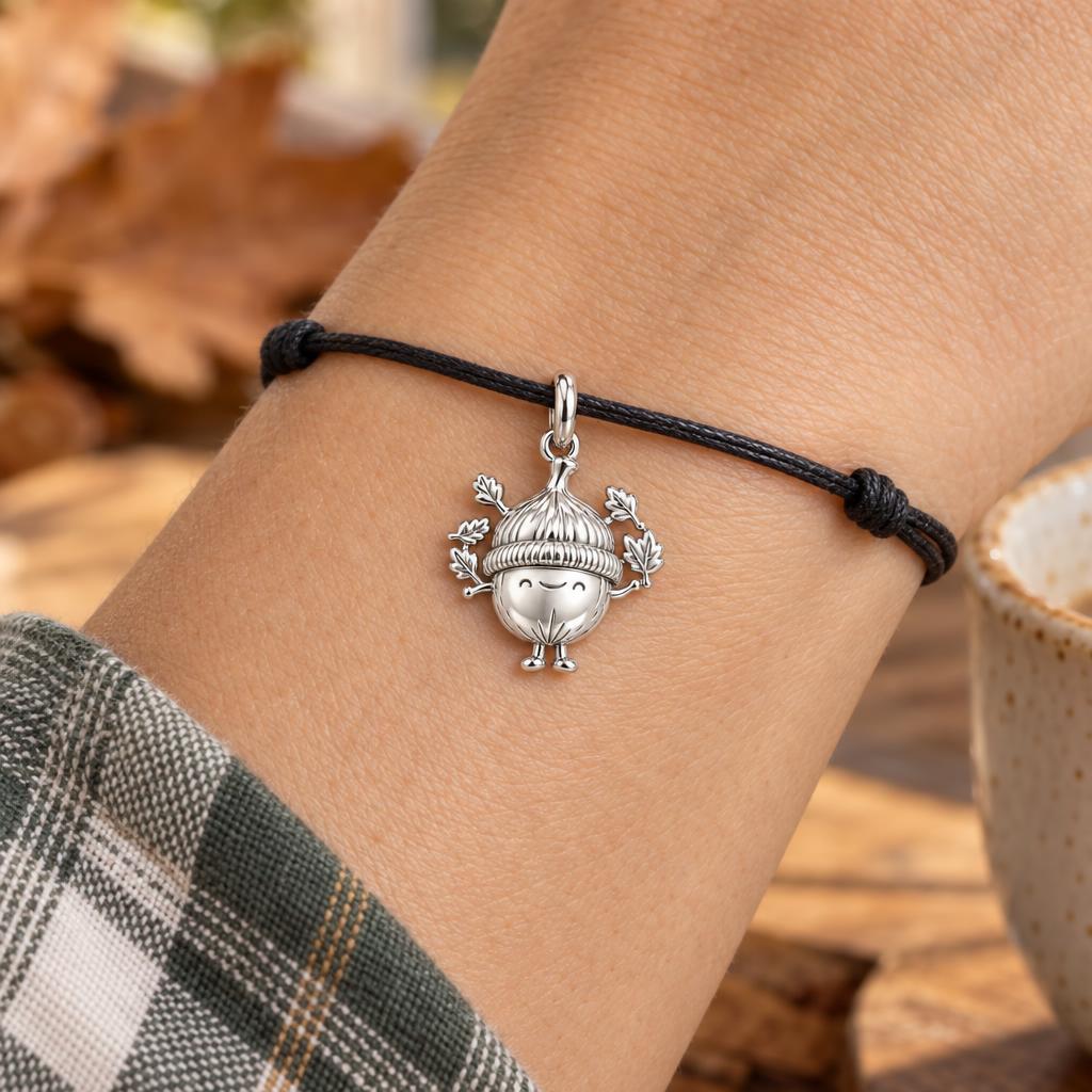 Happy Little Acorn Charm Bracelet – Personalized Nature Gift – worn on the wrist on a black cord bracelet