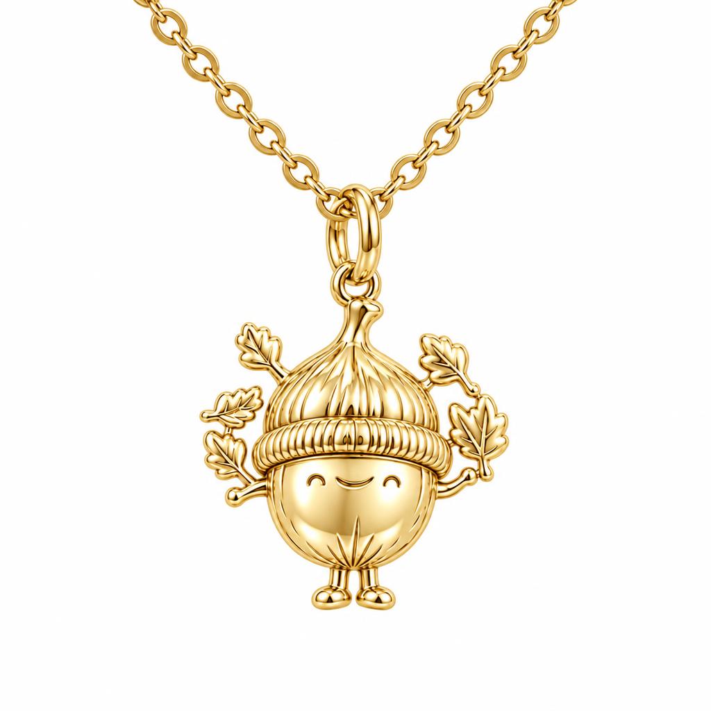Happy Little Acorn Charm Necklace Set – 18K gold, front view