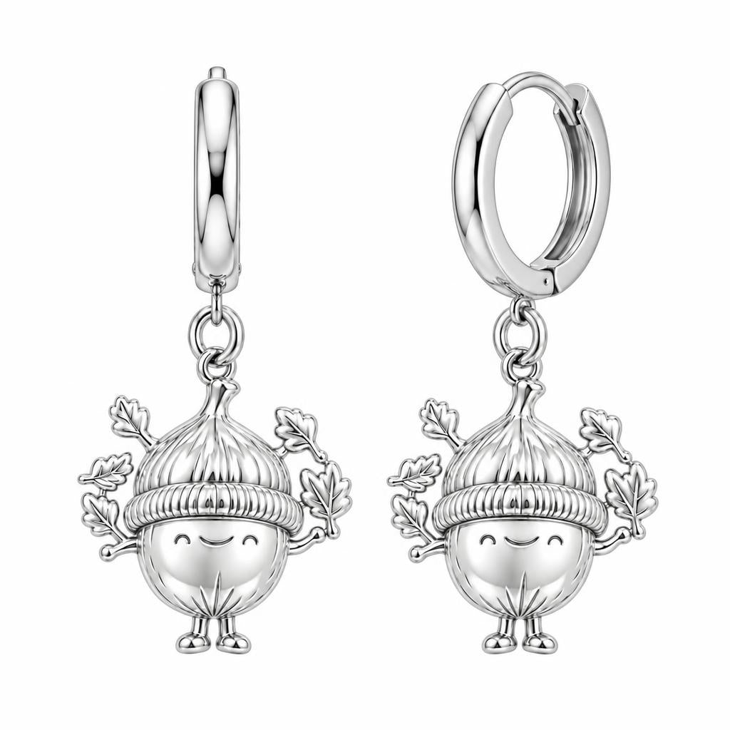 Happy Little Acorn Huggie Charm Earrings – silver, front view