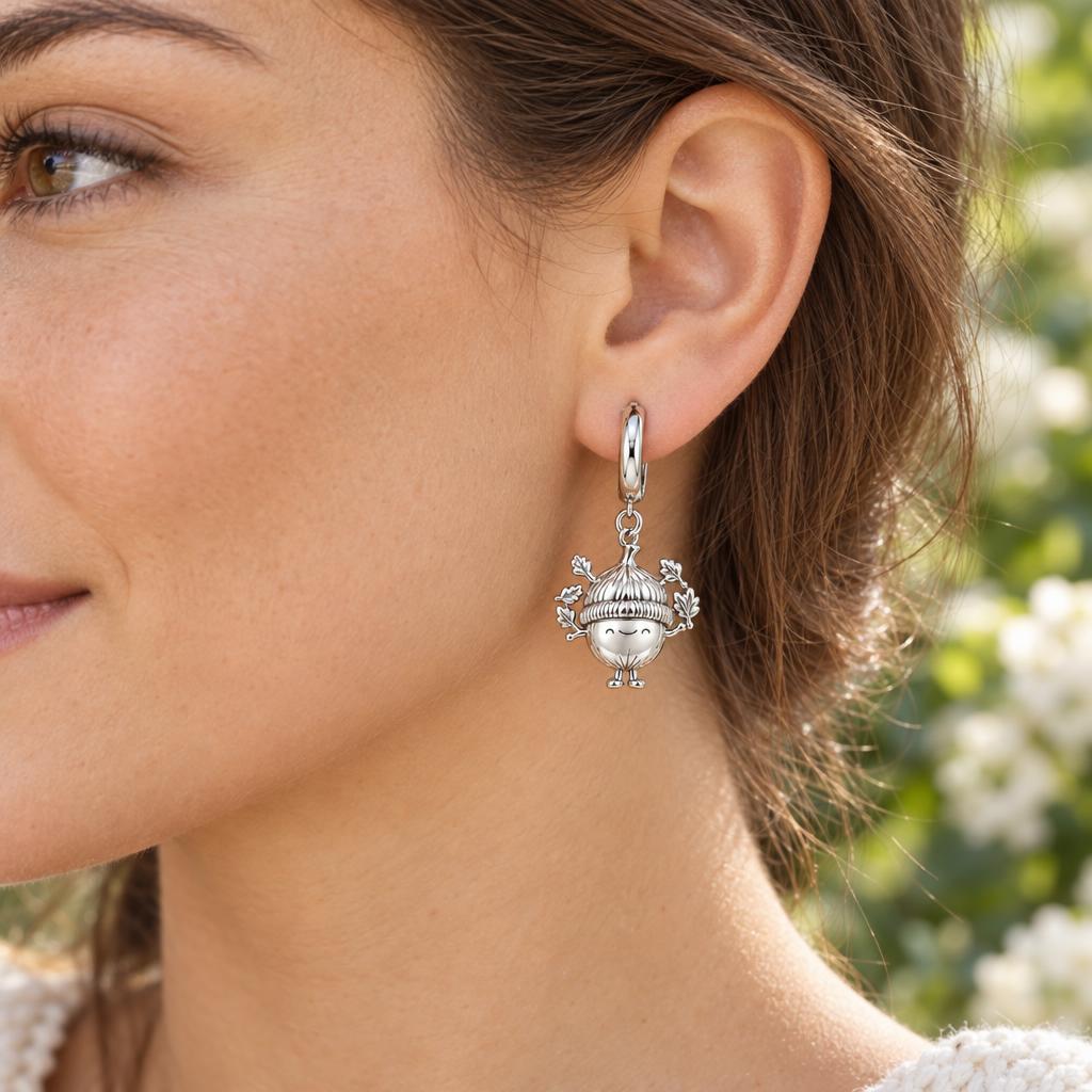 Happy Little Acorn Huggie Charm Earrings – worn / in use