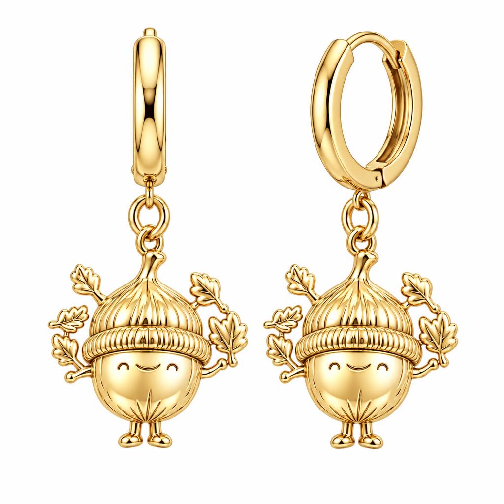 Happy Little Acorn Huggie Charm Earrings – 18K gold, front view
