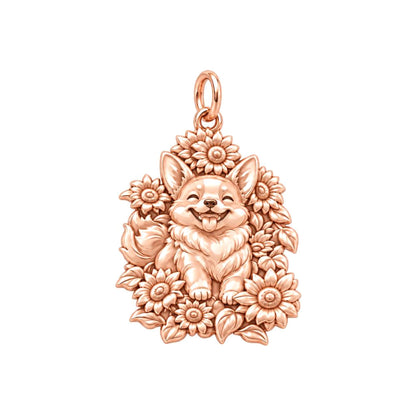 Happy Sunflower Corgi Charm Bracelet – Personalized Dog Mom Gift – rose gold charm, front view