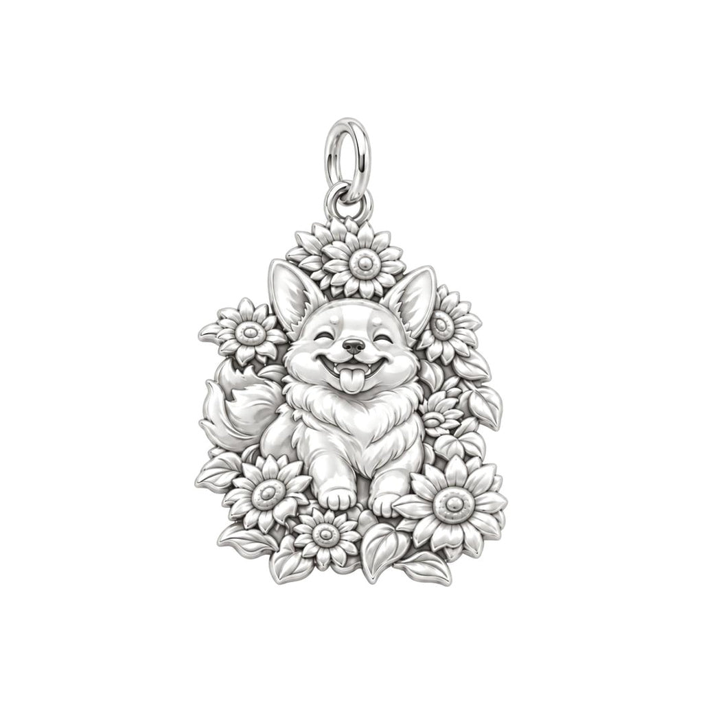 Happy Sunflower Corgi Charm Bracelet – Personalized Dog Mom Gift – silver charm, front view