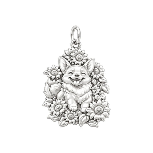 Happy Sunflower Corgi Charm Bracelet – Personalized Dog Mom Gift – silver charm, front view