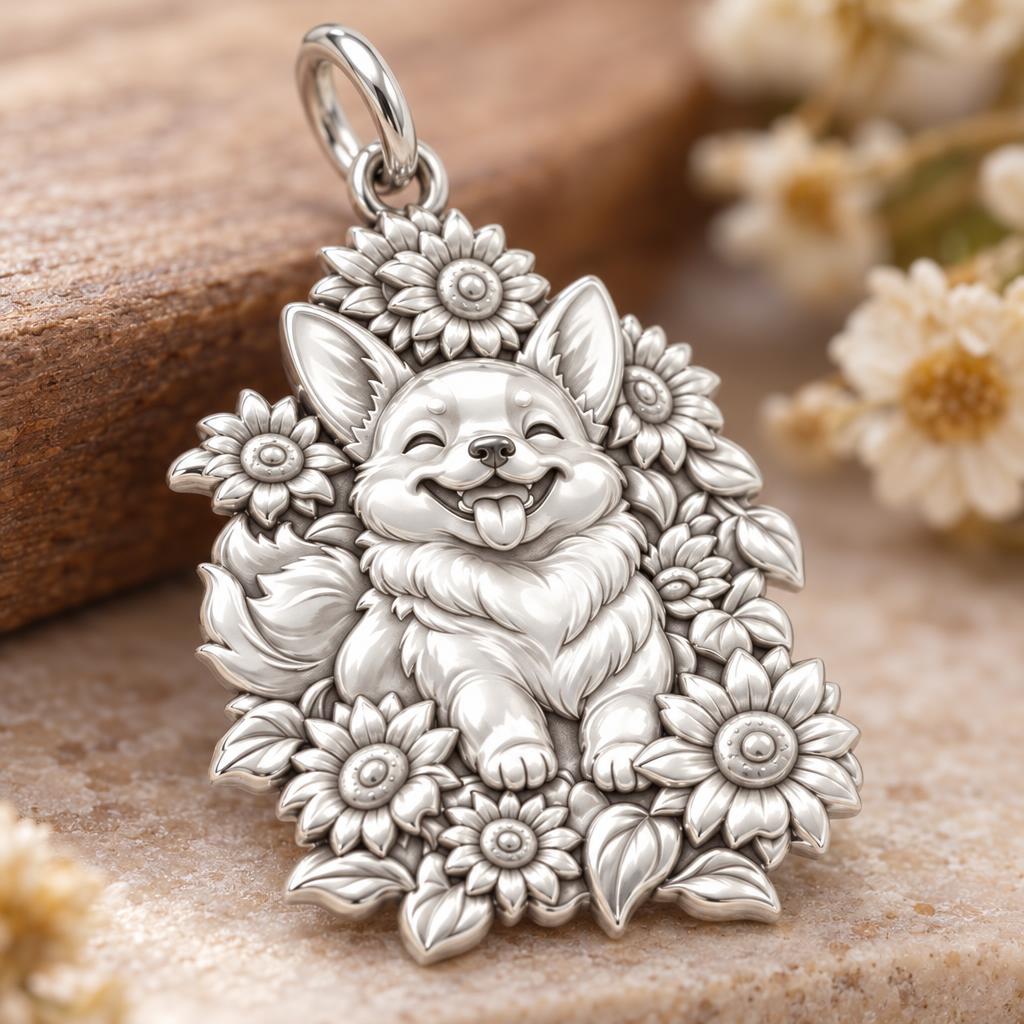 Happy Sunflower Corgi Charm Bracelet – Personalized Dog Mom Gift – macro detail of the charm