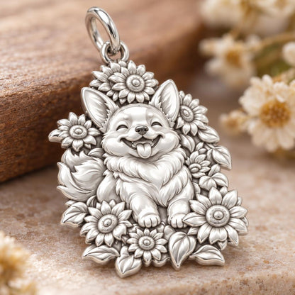 Happy Sunflower Corgi Charm Bracelet – Personalized Dog Mom Gift – macro detail of the charm