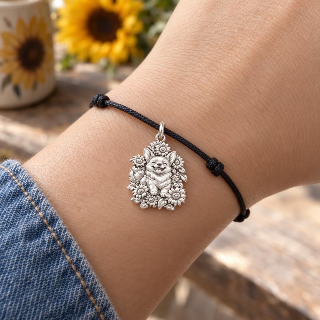 Happy Sunflower Corgi Charm Bracelet – Personalized Dog Mom Gift – worn on the wrist on a black cord bracelet