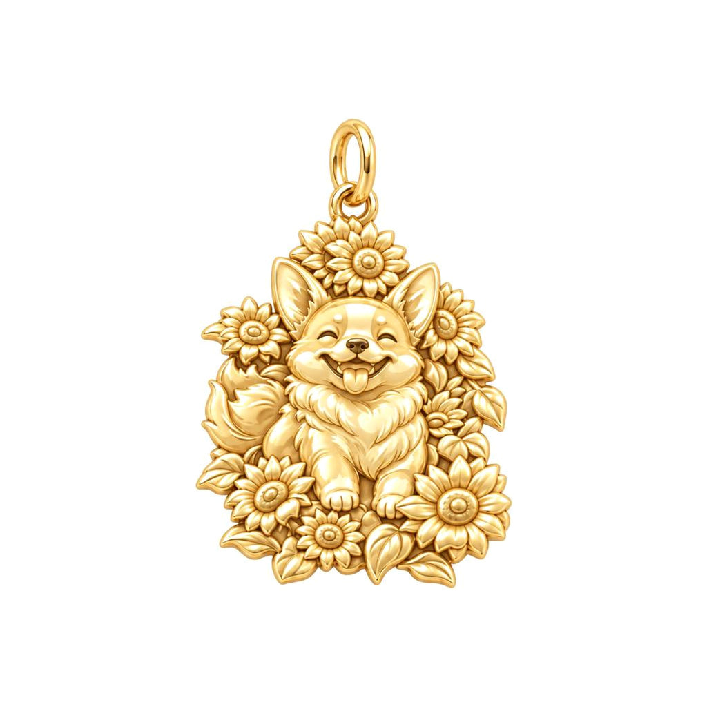 Happy Sunflower Corgi Charm Bracelet – Personalized Dog Mom Gift – 18K gold charm, front view