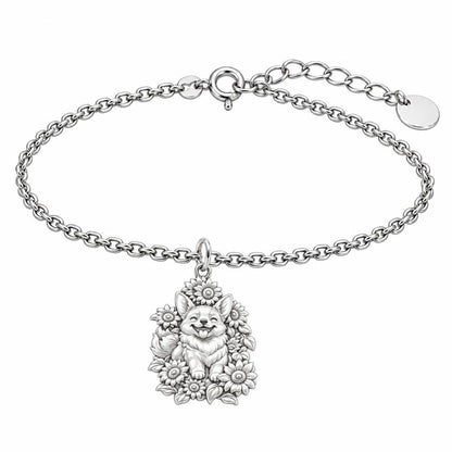 Happy Sunflower Corgi Charm Bracelet Set – silver, front view